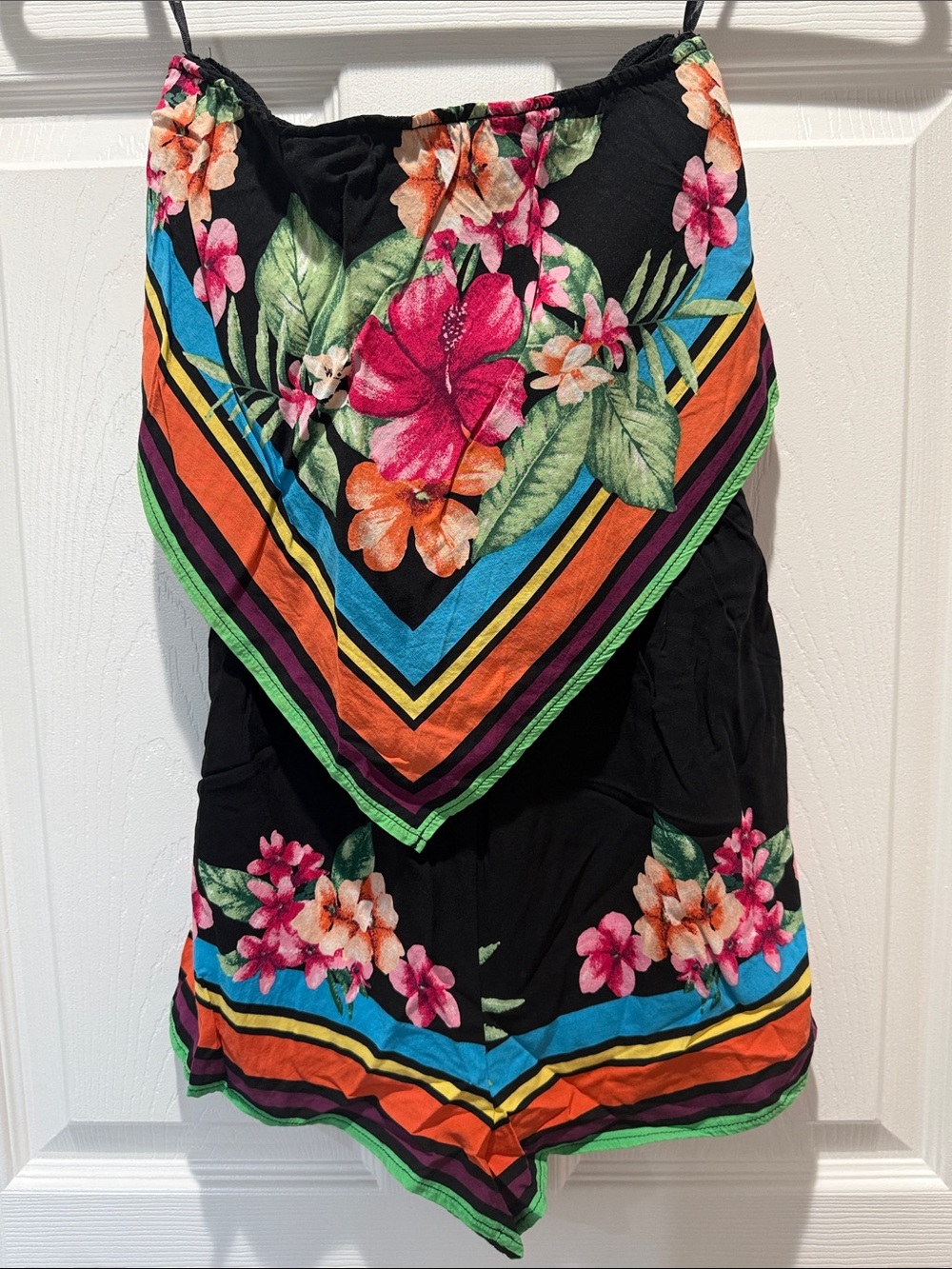 Forever 21 Black Floral Bandana Romper with Bright Chevron Accents